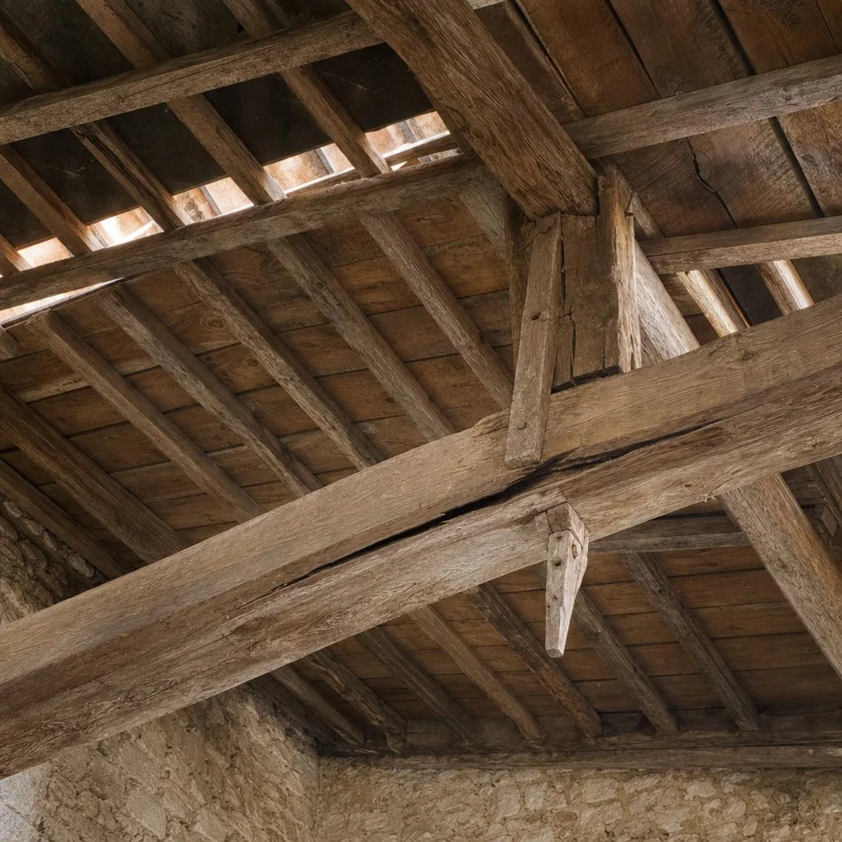 Illustration d’un assemblage de charpente en bois fendu et dégradé