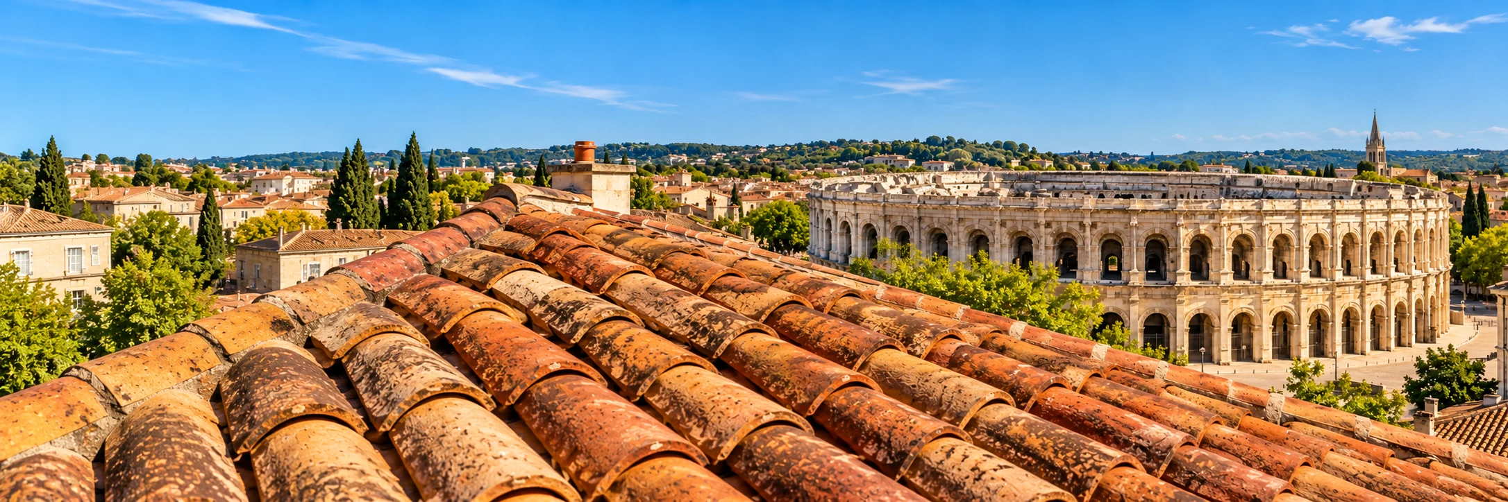 Toiture en tuiles canal et vue extérieure des Arènes de Nîmes