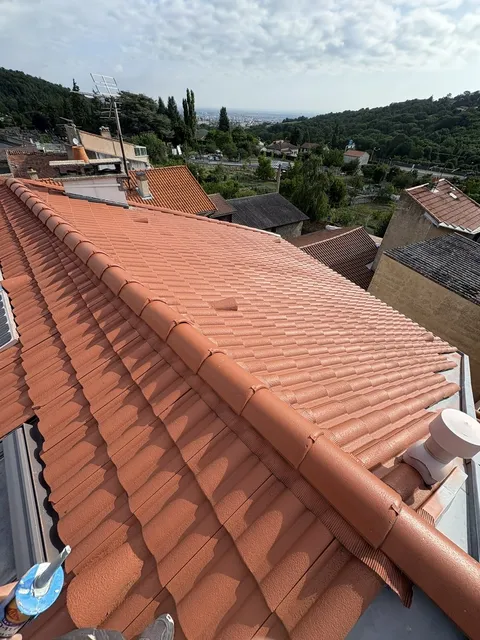 Vue rapprochée de la ligne de faîtage et des tuiles sur plusieurs pans de toiture